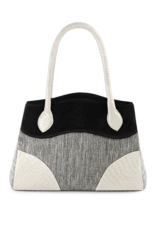 Ash grey, matt black and off white women's dress handbag, matching pumps and belts. Top view - Florence KOOIJMAN